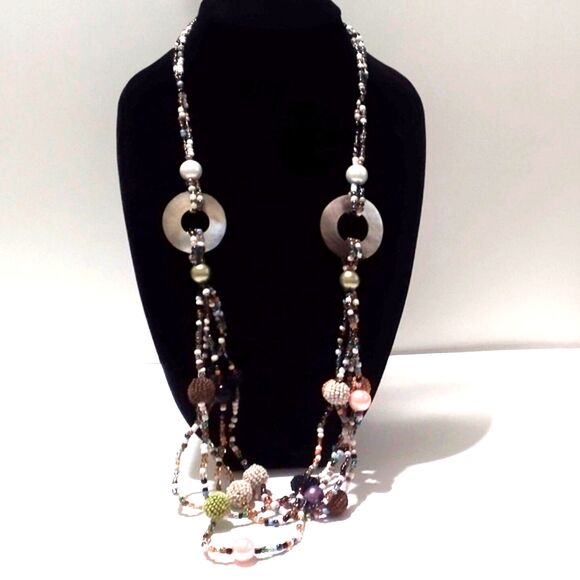 Boho Inspired Multi Color Seed Bead and Mother of Pearl Multi Strand Necklace - Picture 2 of 6